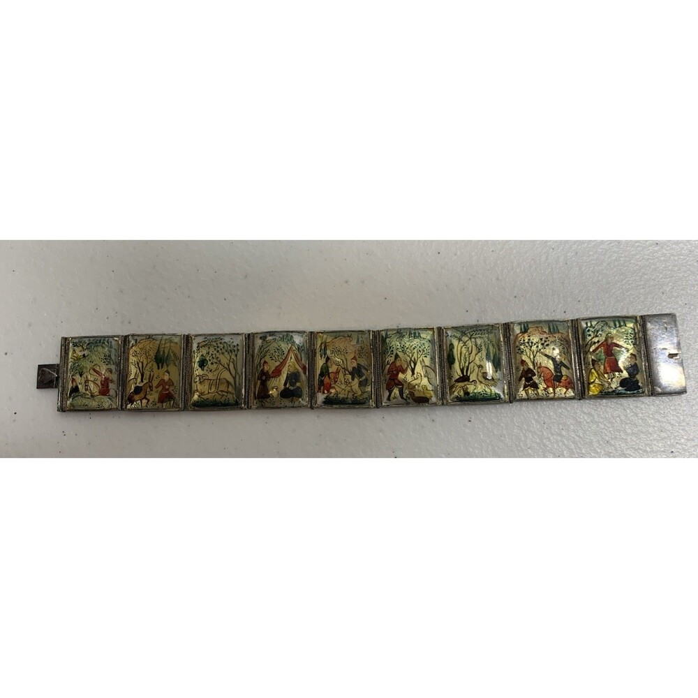Antique Hand Painted Persian Mother of Pearl Panel Bracelet 48.53g